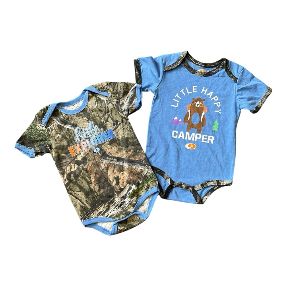 #368, Mossy Oak Blue and camo bundle of two baby bodysuits, size 24 mo